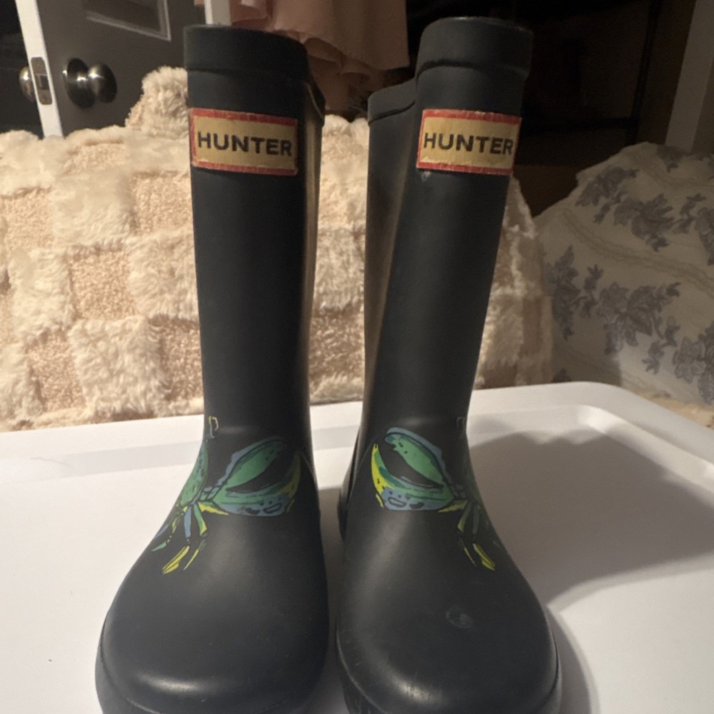 Hunter Kids Rain Boots Crab Print Waterproof Buckle Black US 9 Rubber